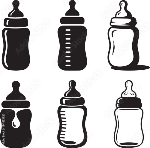 Baby bottle icons set black and white illustrations. eps-10

