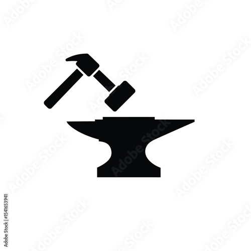 Black Silhouette Hammer Striking Anvil Icon vector