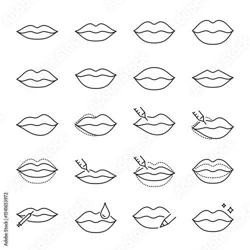 Lips icons set. Lip lifting surgery, lip fillers before and after signs, line style editable stroke. Lips asymmetry correction.
