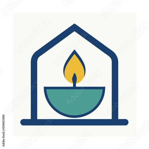 Stylized teal bowl candle flame inside a blue house shape icon for religious concepts
