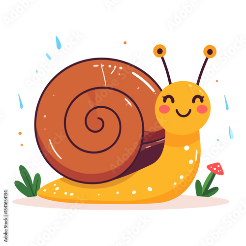 A cute snail with a shiny brown shell smiling face yellow body and antennae amidst grass a mushroom and rainlike blue streaks