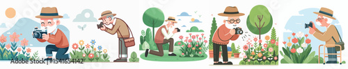vector character grandfather photographing flower garden