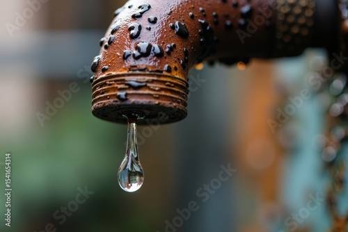 Close-up of a solitary raindrop dripping from an old faucet.
