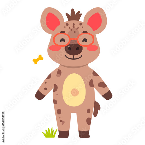 A cartoon hyena with glasses stands smiling next to a bone and some grass