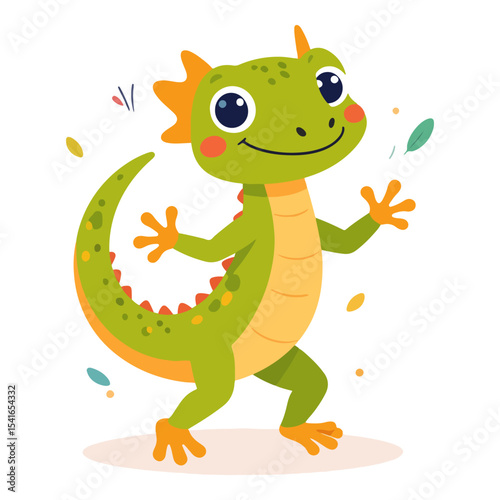A green cartoon lizard stands smiling with orange spikes feet and belly