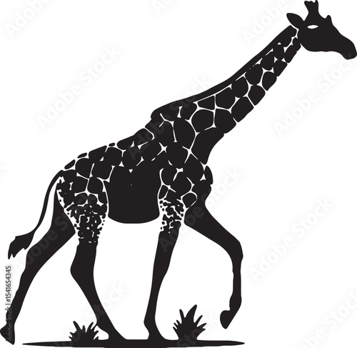 Walking Giraffe Silhouette: Elegant silhouette of a giraffe walking gracefully across the savanna. Its long neck and distinctive spots are clearly visible. 