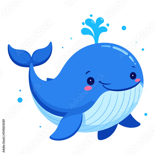 A cartoon blue whale sprays water from its blowhole It has a smiling expression and pink cheeks