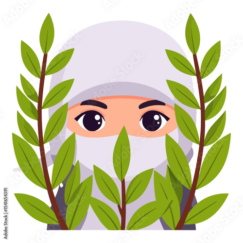 A person with a veil is surrounded by leafy branches with only their eyes visible