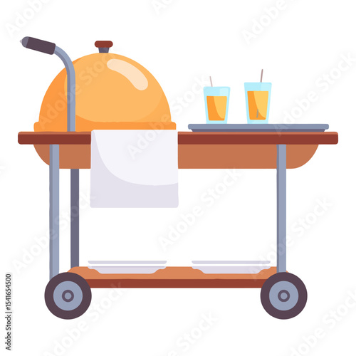 A serving cart with a domed dish two drinks on a tray a white towel and plates on a lower shelf supported by grey metal legs and wheels