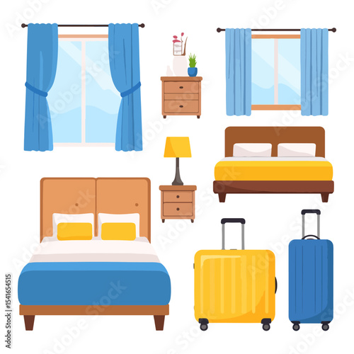 A flat vector scene features bedroom furniture two beds luggage lamps windows and nightstands