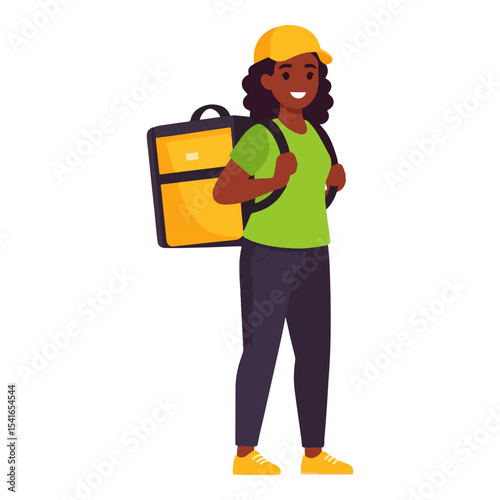 A delivery person with yellow cap green tshirt and backpack stands in a white space