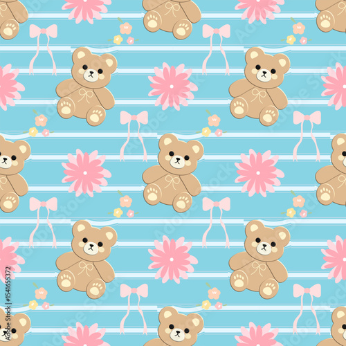 seamless pattern with teddy bears and flowers