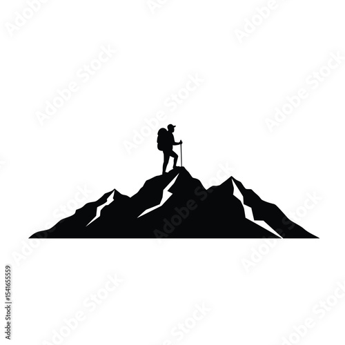 Black Silhouette Hiker Mountaintop Vector Icon white