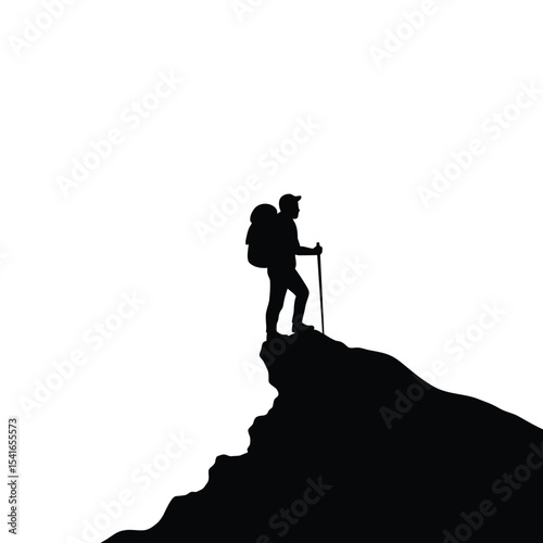 Black Silhouette Hiker Mountaintop Backpack Vector Icon