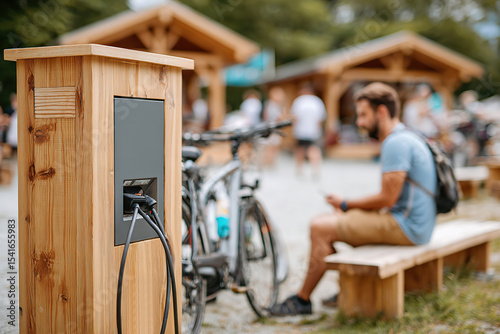 Solar-powered charging station for electric bikes in a busy outdoor park area