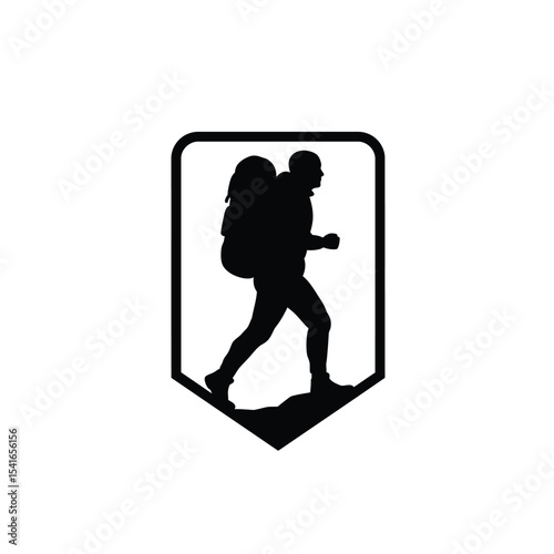 Black Silhouette Hiker Backpack Badge Icon Vector