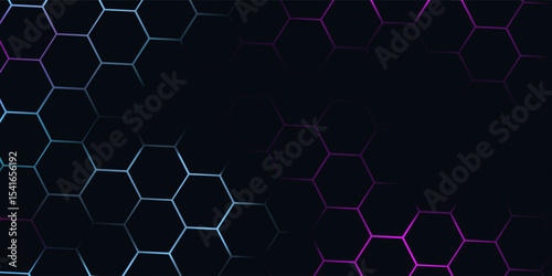 Dark hexagon abstract technology background with blue and pink colored bright flashes under hexagon. Hexagonal gaming vector abstract tech background
