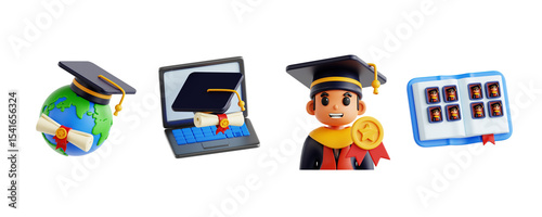 Set of Graduation 3D Icons Including International Graduate, Online Graduation, and More