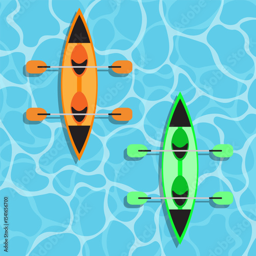 Two kayaks on water, top view, vector illustration.