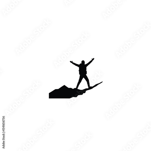 Black Silhouette Hiker Arms Raised Mountaintop Vector Icon