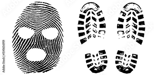 Criminal Mask Made of Fingerprint Pattern with Boot Prints – Crime Scene Evidence, Robbery Symbol, Forensic Investigation, Intrusion, Identity Concealment, Police Work, Criminal Activity Clue

