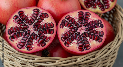 Pomegranate Halves in Wicker Basket: Vibrant Seeds and Healthy Fruit