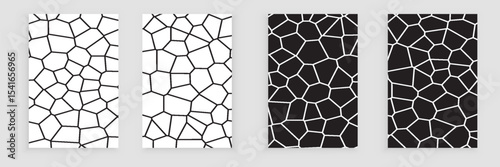 Black and white cells vector backgrounds Voronoi covers set. Irregular geometric tile. template rocks and stones wallpapers collection for web the web and science cards, interior designs