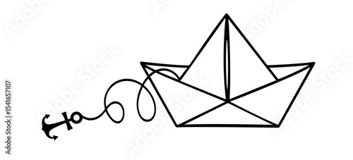 Origami Paper Boat with Anchor. Navigation, Childhood Imagination, Safe Harbor, Marine Journey, and Nautical Pause.