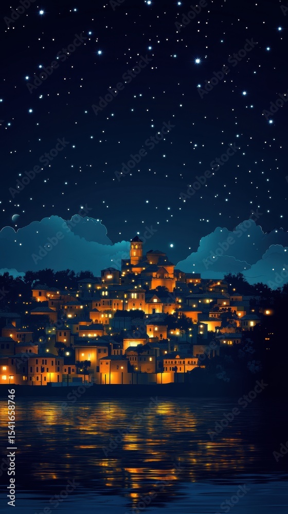 Naklejka premium Nighttime View of a Hillside Town with Starry Sky and Reflective Water