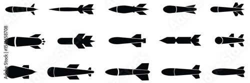 Set of missile icons in fill style featuring combat rockets, nuclear warhead silhouettes, military guided missiles, and air attack weapons, isolated on transparent background for web use

