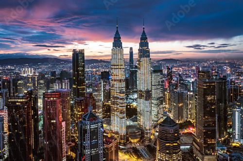 Aerial view of Kuala Lumpur skyline at twilight, Malaysia