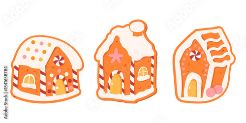Flat vector illustration of 3 gingerbread houses decorated with icing and candies