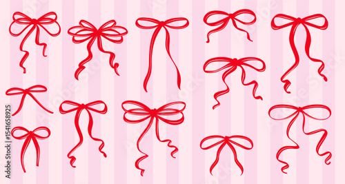 Vintage Coquette Bows in Hand-Drawn Whimsical Style Ribbon Set, Cute Flirtatious Bows Clipart Collection
