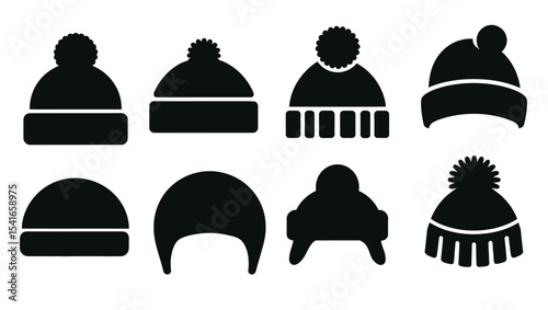 black silhouette winter cap set photo vector stock illustration isolated white background