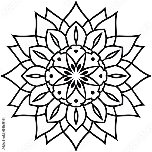 Hand-drawn radial mandala in line art with geometric and floral elements