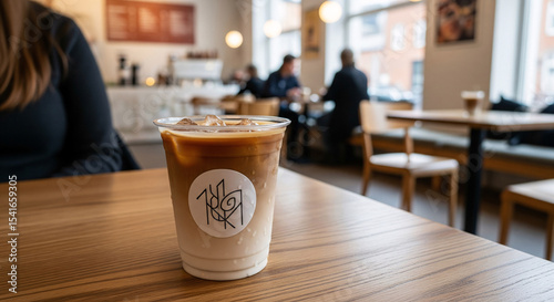 A cup of cafe latte on the table in a coffee shop.