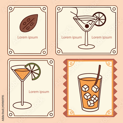 Set of colorful drink icons with cocktail glasses and garnishes in vector style