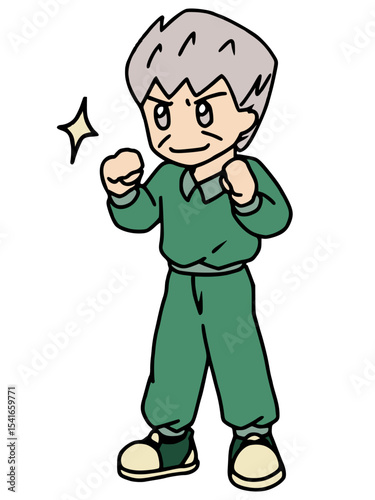 やる気に満ちてポーズをとるシニア男性のイラスト　カラー（Affinity Designer版）