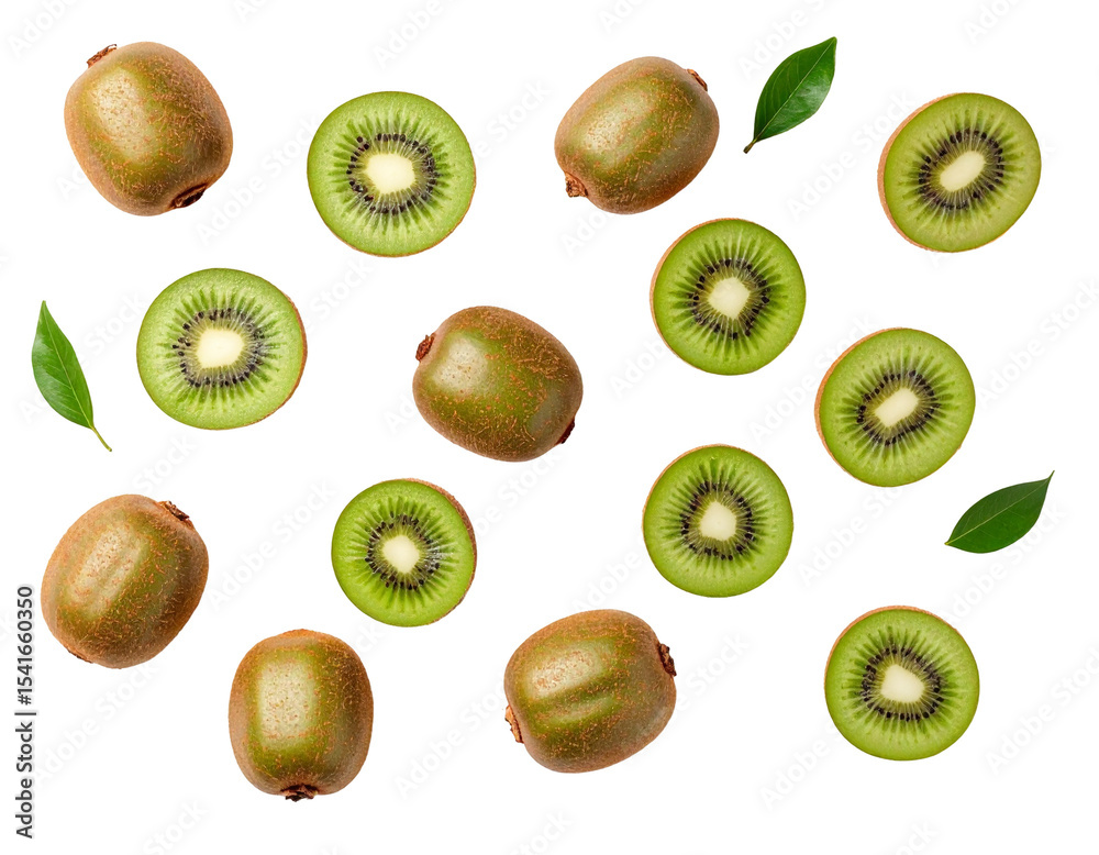 Fototapeta premium Kiwi Freshness: Vibrant sliced and whole kiwis with fresh green leaves create a mouthwatering still life, radiating the essence of health and organic goodness.