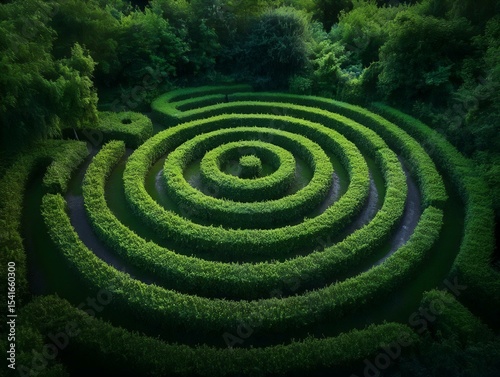 aerial view of green garden labyrinth. symmetrical spiral hedge maze in serene summer park landscape