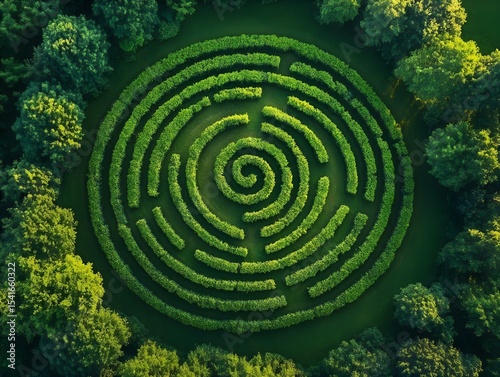 aerial view of green garden labyrinth. symmetrical spiral hedge maze in serene summer park landscape