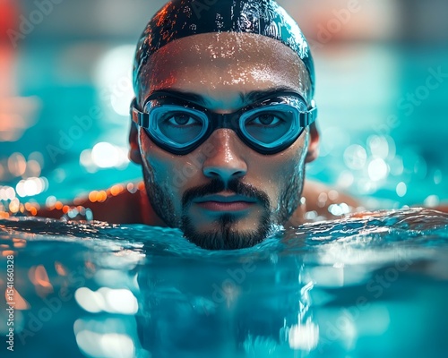 athlete resting at lane divider in indoor pool. swim goggles, fit physique, and competitive training lifestyle
