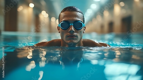 athlete resting at lane divider in indoor pool. swim goggles, fit physique, and competitive training lifestyle