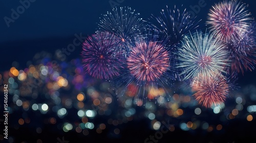 The vibrant fireworks display illuminating the night sky over a dazzling cityscape. photo