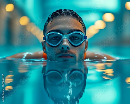 athlete resting at lane divider in indoor pool. swim goggles, fit physique, and competitive training lifestyle