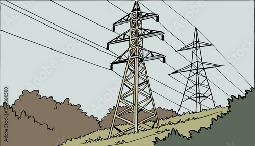 Vector illustration of high voltage electrical power grid, transmission line   