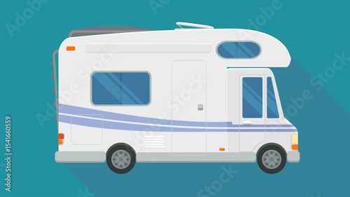 Side view animation loop of a running camper van in flat design style on a blue background with a long shadow