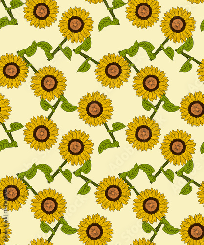 Seamless pattern yellow sunflowers with green leaves on a pale yellow background