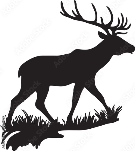 Silhouette of Majestic Elk: A stark silhouette of an elk, showcasing its powerful antlers and poised stride, embodies the essence of wilderness, freedom, and natural beauty.