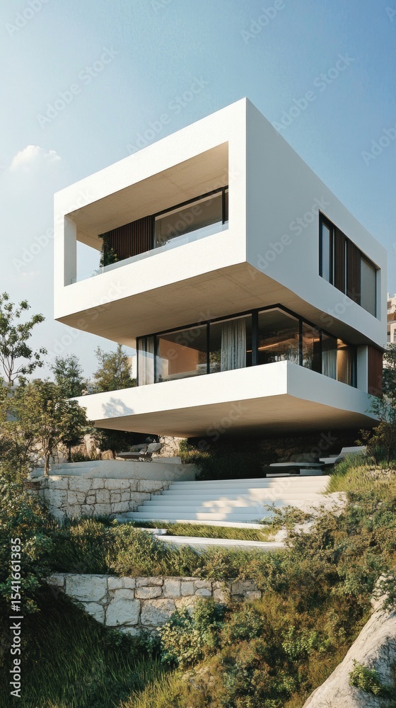 Fototapeta premium Modern Multi-Level House with Clean Lines and Large Windows Set in a Lush Green Landscape